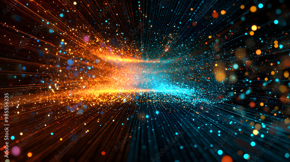 Poster abstract realms of digital data, visualized as a fractal pattern of light and motion against a cosmi