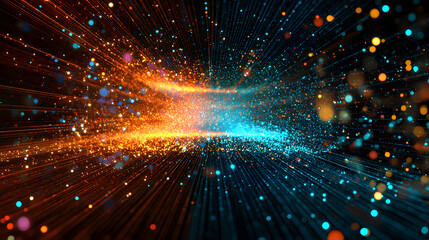 Fototapeta premium Abstract realms of digital data, visualized as a fractal pattern of light and motion against a cosmic backdrop, showcasing the intricate interplay of technology and science