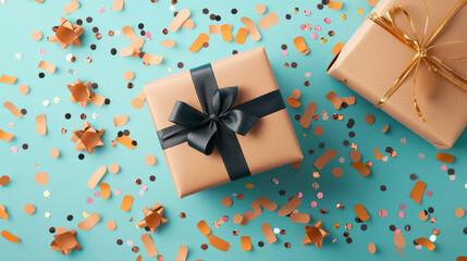 Obraz premium A neatly wrapped gift box with a black ribbon is surrounded by colorful confetti and bows on a bright blue background, creating a playful and festive celebration atmosphere.