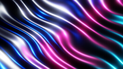 Abstract 3d wavy background,  purple blue waves on black background, liquid metallic silk pattern  illustration.