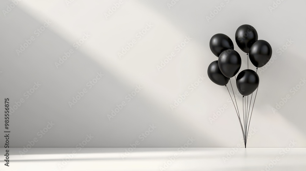 Poster an abstract composition with black balloons clustered in a corner of a minimal room, casting dynamic