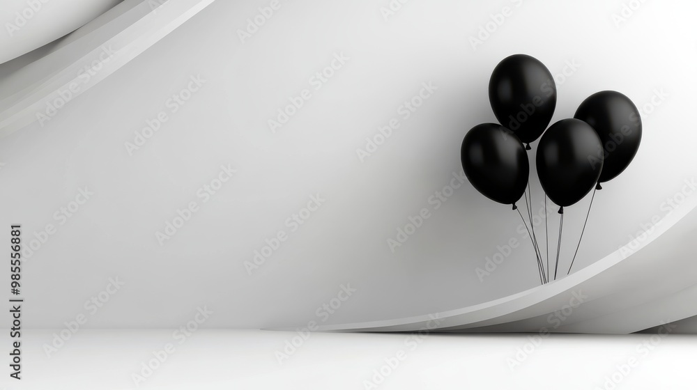 Poster an abstract composition with black balloons clustered in a corner of a minimal room, casting dynamic