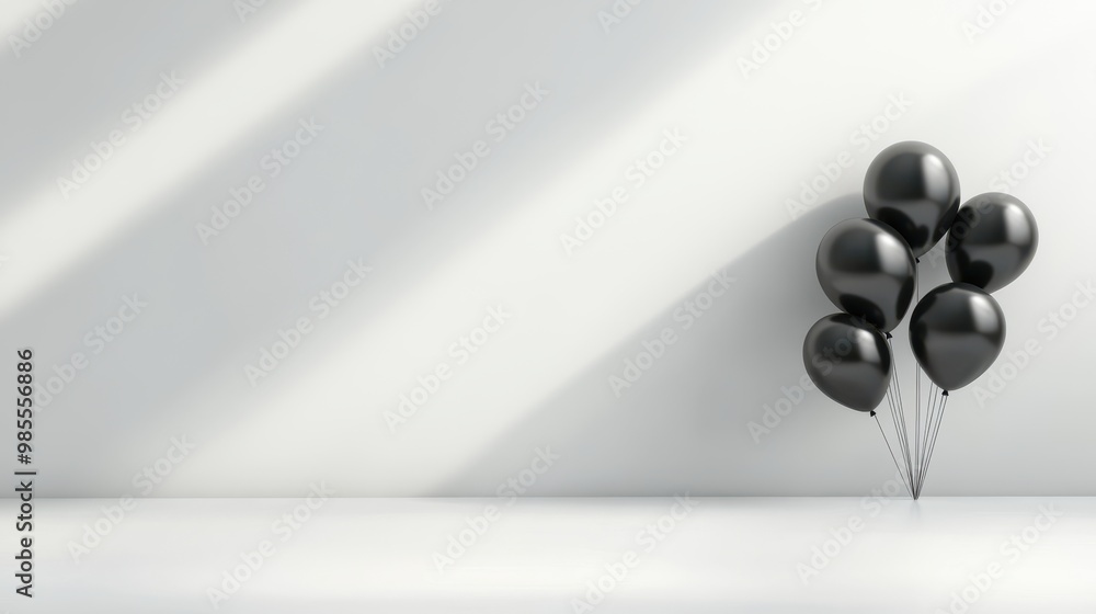 Poster an abstract composition with black balloons clustered in a corner of a minimal room, casting dynamic