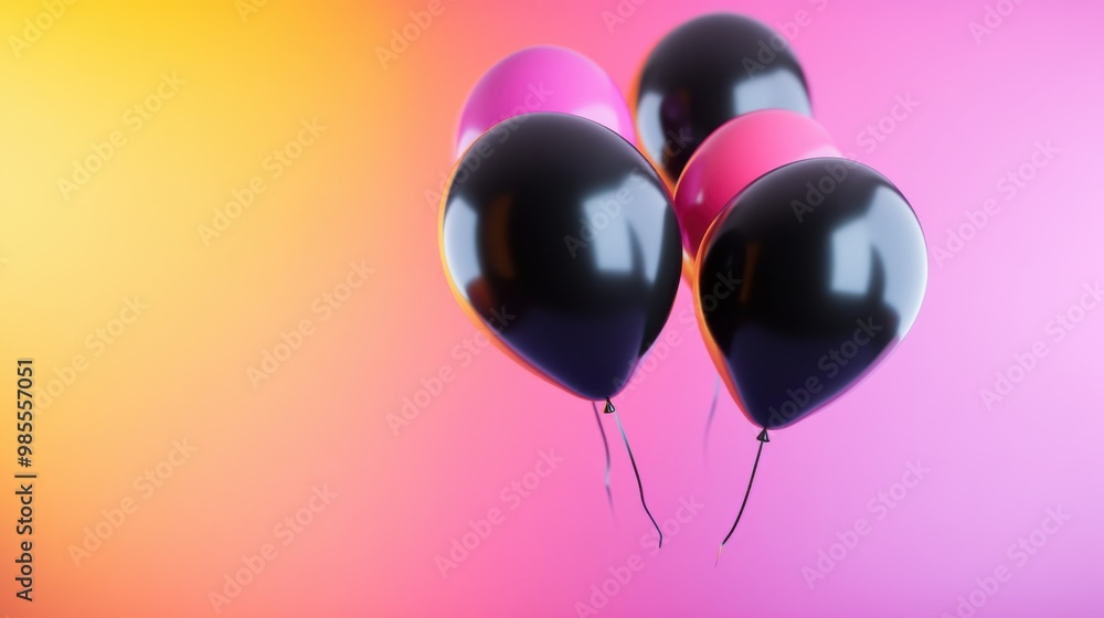 Poster black balloons floating against a vibrant neon backdrop, casting sharp shadows and creating a contra