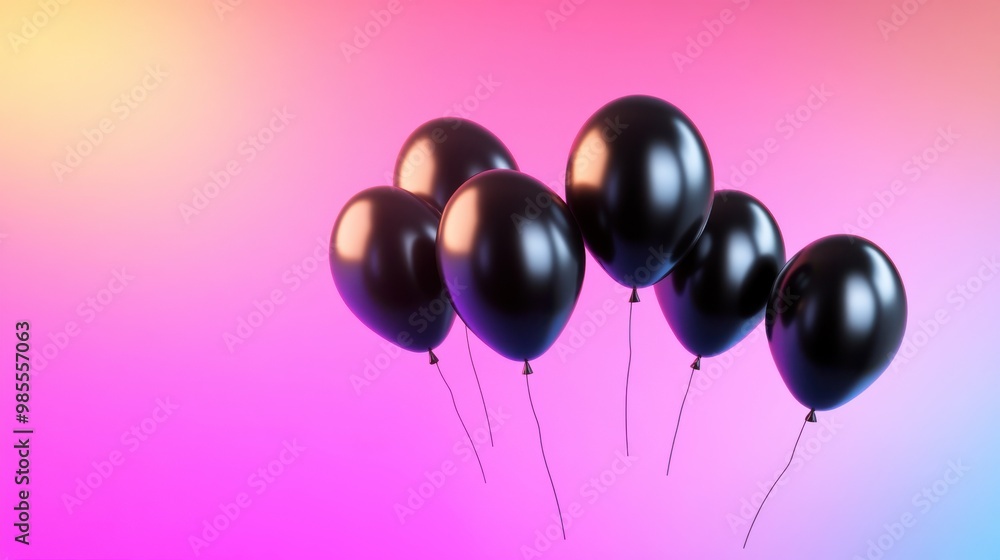 Poster black balloons floating against a vibrant neon backdrop, casting sharp shadows and creating a contra