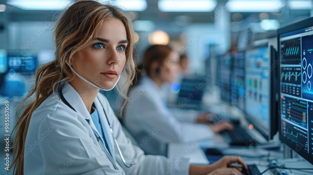 Aufkleber A female doctor is working on a computer in a modern hospital control room with multiple monitors displaying data. Other doctors are focused at work in the room. Generative AI.