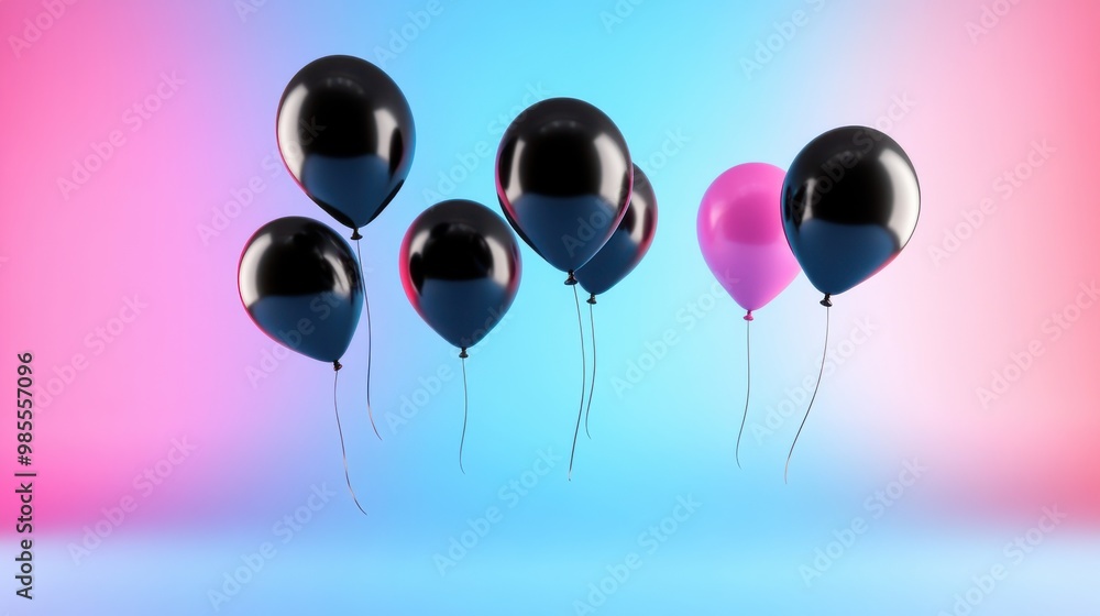 Poster black balloons floating against a vibrant neon backdrop, casting sharp shadows and creating a contra