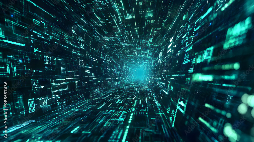 Poster abstract realms of digital data, visualized as a fractal pattern of light and motion against a cosmi