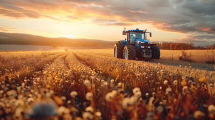 Fototapeta premium Blue tractor in the meadow collecting grass, in the background beautiful autumn meadows, Golden Hour. Generative AI.