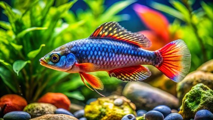 In a tranquil freshwater aquarium, a Rufa Garra fish glides gracefully through, surrounded by vibrant plants and rocky