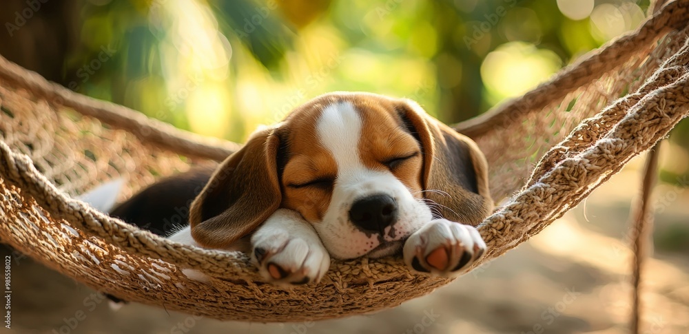 Wall mural cute beagle puppy sleeping in a hammock