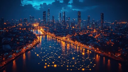 Fototapeta premium Night Cityscape with River and Network