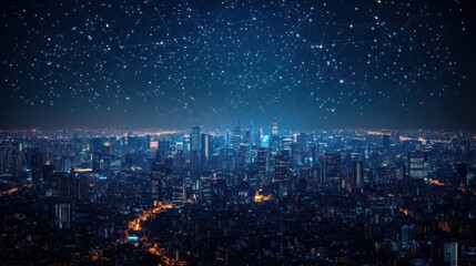 Fototapeta premium Night Cityscape with Starry Sky and Connections