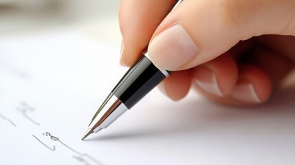  hand signing a business contract with a sleek pen on a clean white surface
