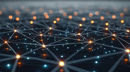 Fototapeta premium A digital network with nodes and connecting lines glowing in grey, simulating data flow and communications across a digital landscape. Generative AI.