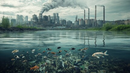 A polluted river with a city in the background