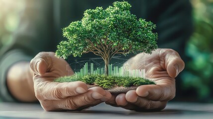 A tree man is touching a growth graph bar chart on a virtual screen, depicting a business plan, financial market, and stock prices going up