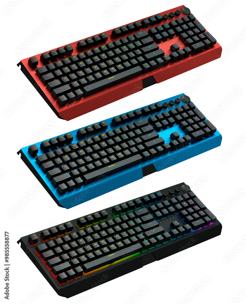 Poster collection of mechanical keyboards isolated on white background with clipping path. 3d rendering of 