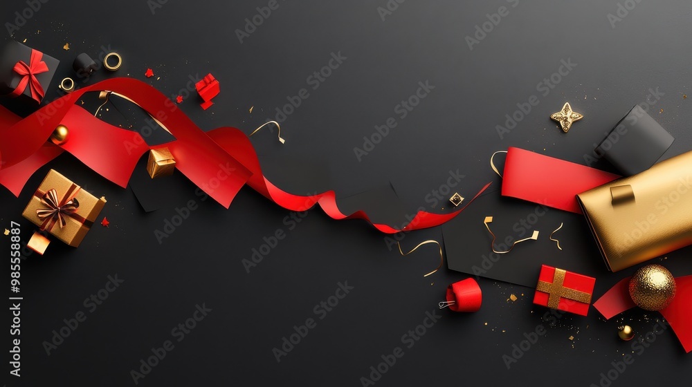 Aufkleber black paper tear effect with red and gold sale text and icons bursting through, creating a dynamic b