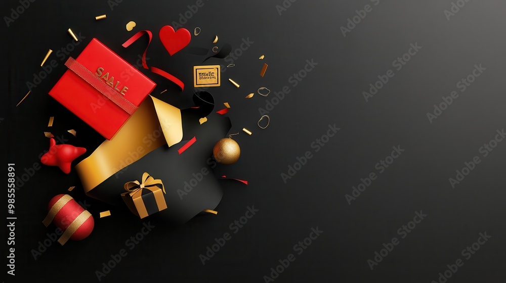 Poster black paper tear effect with red and gold sale text and icons bursting through, creating a dynamic b