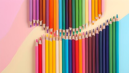 Vibrant Gradient of Neatly Arranged Colored Pencils on Soft Pastel Background