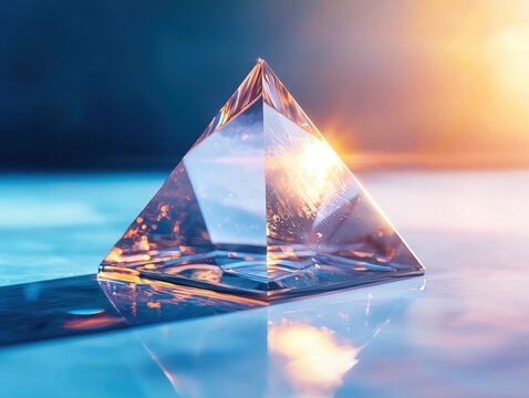 The glass pyramid of success has light emitting from its surroundings