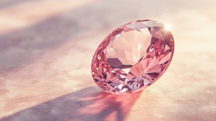  single pink tourmaline gemstone, oval cut, placed on a neutral pastel background. 