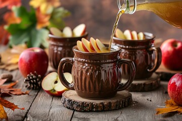 A cozy gathering showcases a rustic table adorned with steaming mugs of spiced cider and fresh apples.
