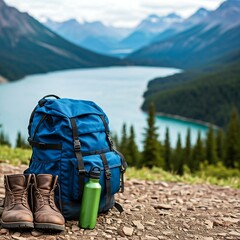 A blue backpack, flask and boots on the edge of the hill with mountain valley and lake landscape view on blue sky, travel concept, outdoor activity concept