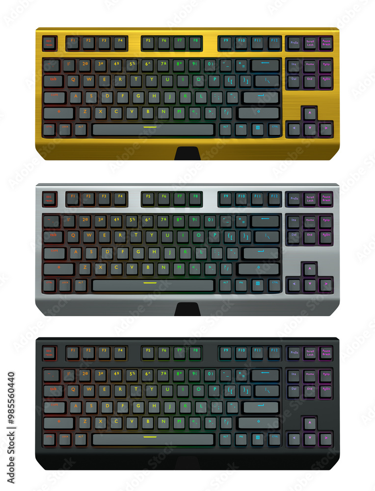 Poster collection of mechanical keyboards isolated on white background with clipping path. 3d rendering of 