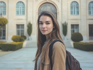 Obraz premium Woman with backpack at building entrance