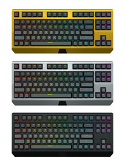 Collection of mechanical keyboards isolated on white background with clipping path. 3D rendering of streaming gear and gamer workspace concept