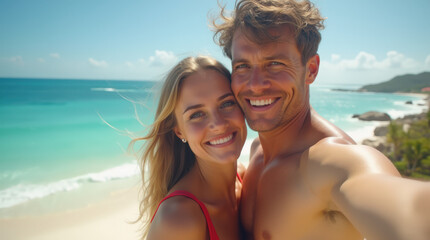 Romantic Beach Couple Selfies in Tulum: Tropical Getaways, Vacation Vibes, and Ocean View Photography