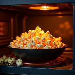 A bowl of popcorn in a microwave, food and snack concept