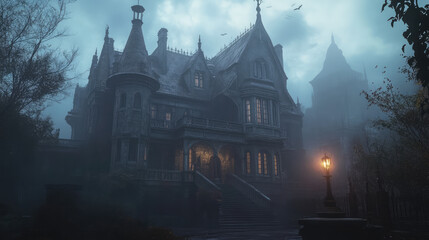 Obraz premium Enveloped in a thick shroud of fog, the gothic mansion stands tall, its dark silhouette accentuated by swirling shadows that whisper of forgotten tales.