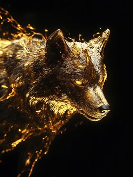 A golden wolf with glowing eyes stands out against a black background with shimmering liquid.