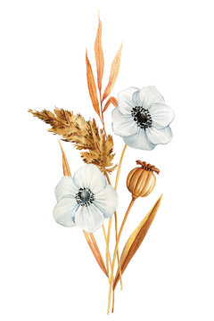 white anemone flowers and wheat bouquet clip art preview