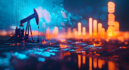 Saudi economic development, quality of oil extraction tools and equipment, sale and export of underground resources, oil and gas exploration machines, electronic screen with symbols and statistical.