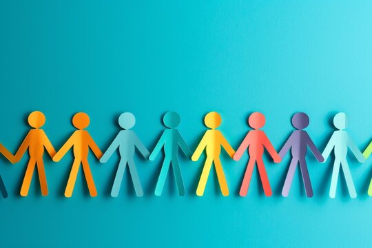 A group of multicolored paper cut figures hold hands in a circle against a blue background, diversity, teamwork, and collaboration. The minimalistic style emphasizes inclusivity and connection.