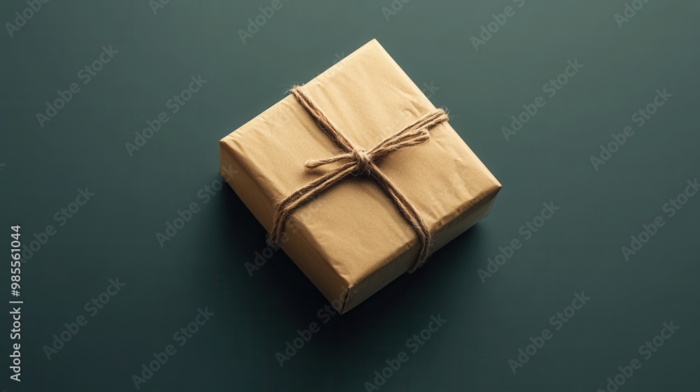 Poster a photorealistic image of a small, neatly packaged parcel with a custom business logo