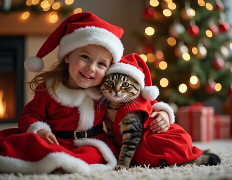 A little girl in santa costume hugging a cute cat in christmas clothes on carpet in living room in Christmas-themed decorations, Christmas Day concept