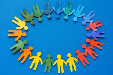 Obraz premium A group of multicolored paper cut figures hold hands in a circle against a blue background, diversity, teamwork, and collaboration. The minimalistic style emphasizes inclusivity and connection.