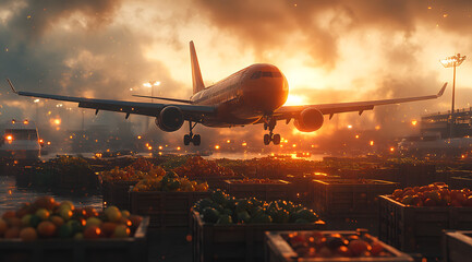 A Photo of an Airplane Flying Over the Scene with Various Elements Below

