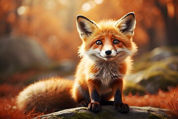 Obraz premium Smiling Fox: A cute, bushy-tailed fox with a bright smile and sparkling eyes