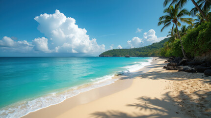 Fototapeta premium Vibrant Tropical Beach and Sunset Photos - Idyllic Coastlines, Crystal Blue Waters, and Lush Palms in Bali and Tulum