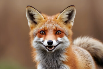 Smiling Fox: A cute, bushy-tailed fox with a bright smile and sparkling eyes