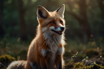 Obraz premium Smiling Fox: A cute, bushy-tailed fox with a bright smile and sparkling eyes