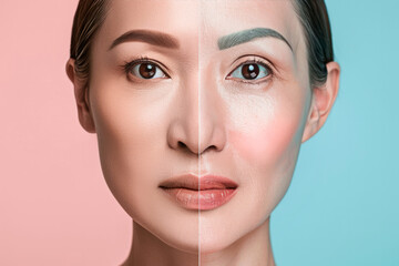 Portrait comparison before and after of a woman with young smooth and old wrinkled skin. Concept of aging and rejuvenation, lifting, skin care