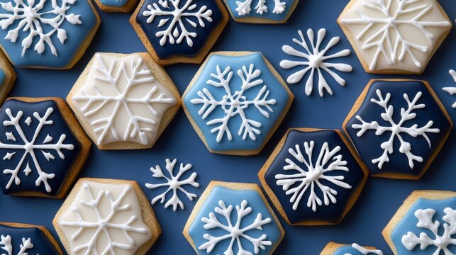 frosted cookies in the shape of hexagons with blue frosting and snowflakes