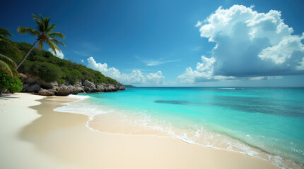 Fototapeta premium Vibrant Tropical Beach and Sunset Photos - Idyllic Coastlines, Crystal Blue Waters, and Lush Palms in Bali and Tulum